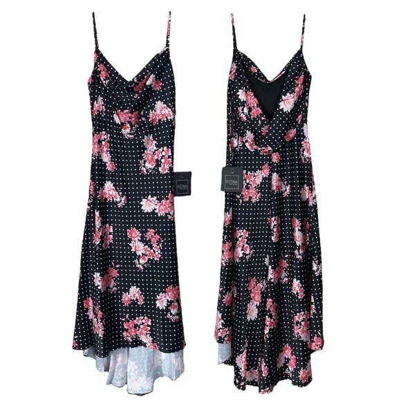 New Ieena Mac Duggal Floral Dot Drape Neck Back Slip Dress Black Pink Size 2 - Picture 2 of 8